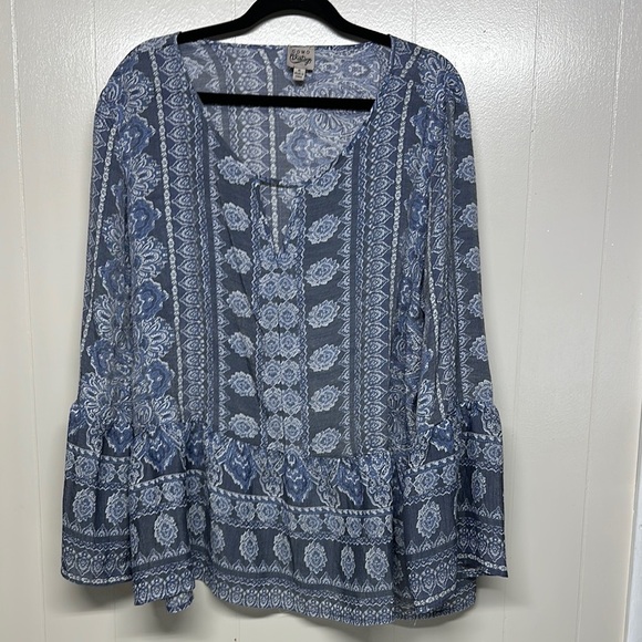 Como Vintage Tops - Como Vintage Blue and White Bell Sleeve Blouse